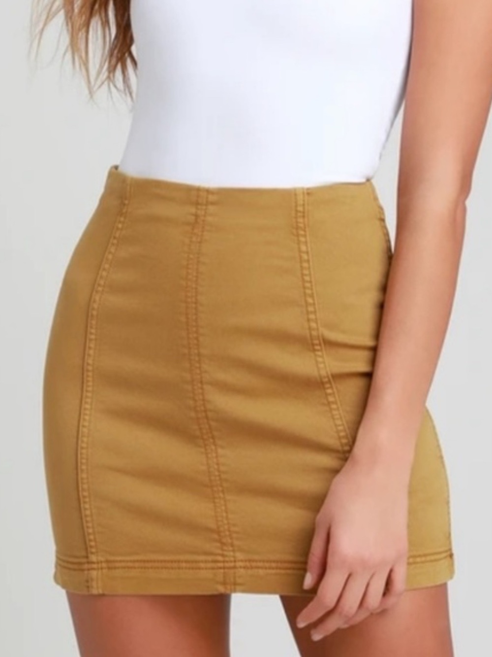 Free People High-Rise Gold/Mustard Mini Zip-Up Skirt with Panel Stitching